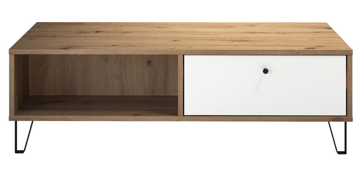 COUCHTISCH weiß matt, Eiche Artisan 110 cm, Beistelltisch mit 2 x Schubkasten - Eichefarben/Schwarz, Holzwerkstoff/Kunststoff (60/110/37cm) - Top.Furn