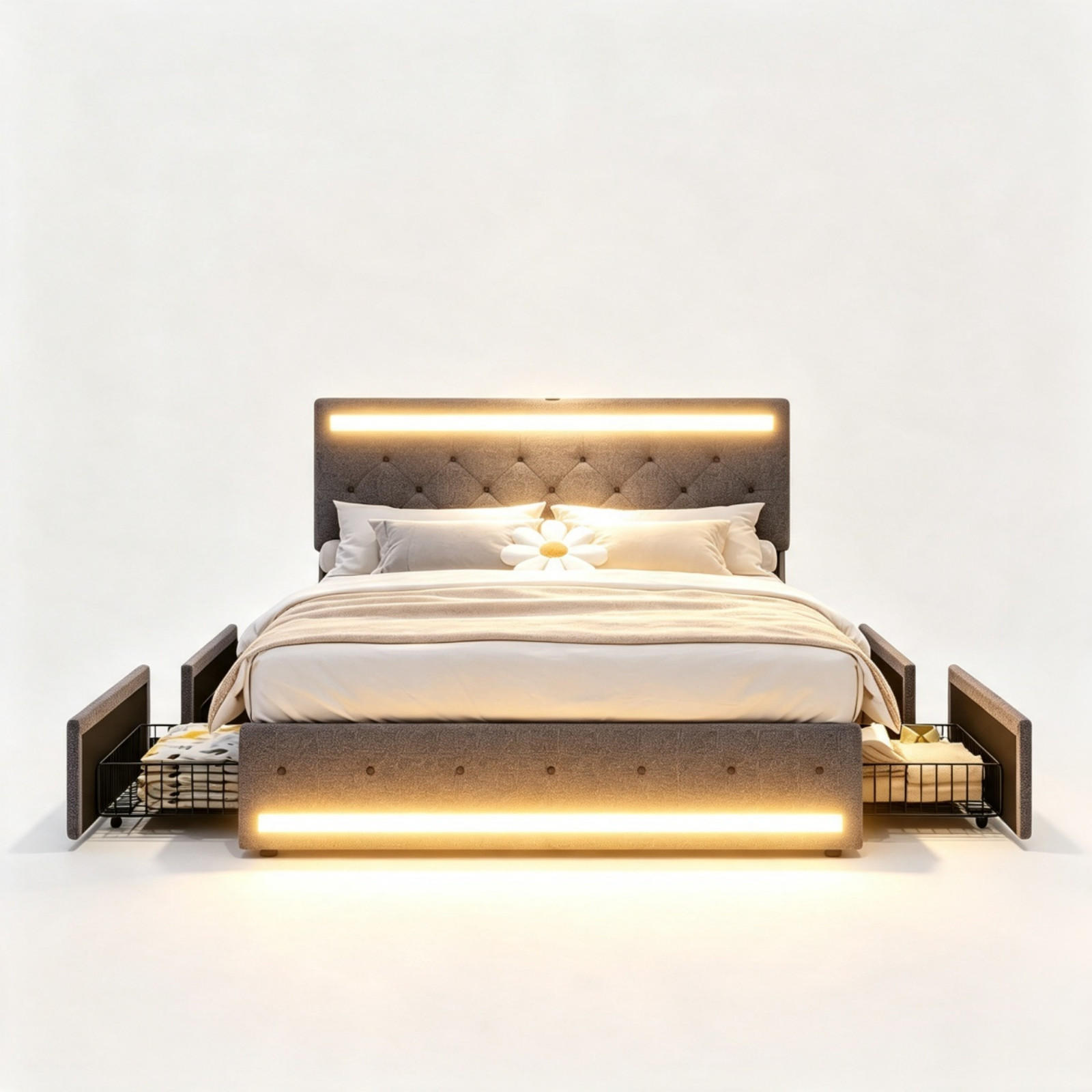 POLSTERBETT 140/200 cm, in Grau Leinenoptik Stoff, Bettkasten, Gepolstertes Kopfteil mit LED-Beleuchtung USB, 4 Metall-Stauraumschubladen - Dunkelgrau, Textil/Metall (140/200cm) - BPKADHY