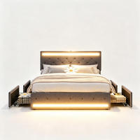 POLSTERBETT 140/200 cm, in Grau Leinenoptik Stoff, Bettkasten, Gepolstertes Kopfteil mit LED-Beleuchtung USB, 4 Metall-Stauraumschubladen - Dunkelgrau, Textil/Metall (140/200cm) - BPKADHY