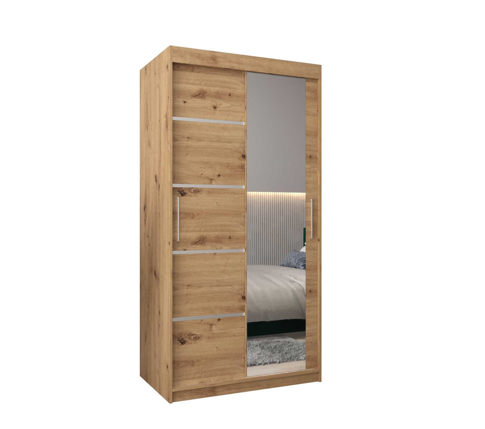Abiks Möbel SCHWEBETÜRENSCHRANK Eiche Artisan, Silber 100cm × 62cm × 200cm
