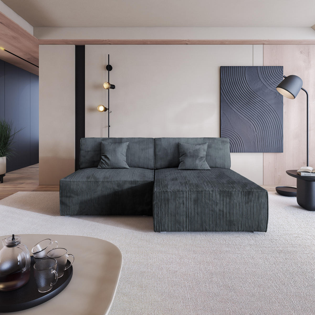 ECKSOFA FIORO P Graphitfarben Kordstoff mit Schlaffunktion - Graphitfarben/Grau, Holz/Kunststoff (204/148cm) - MASSENO