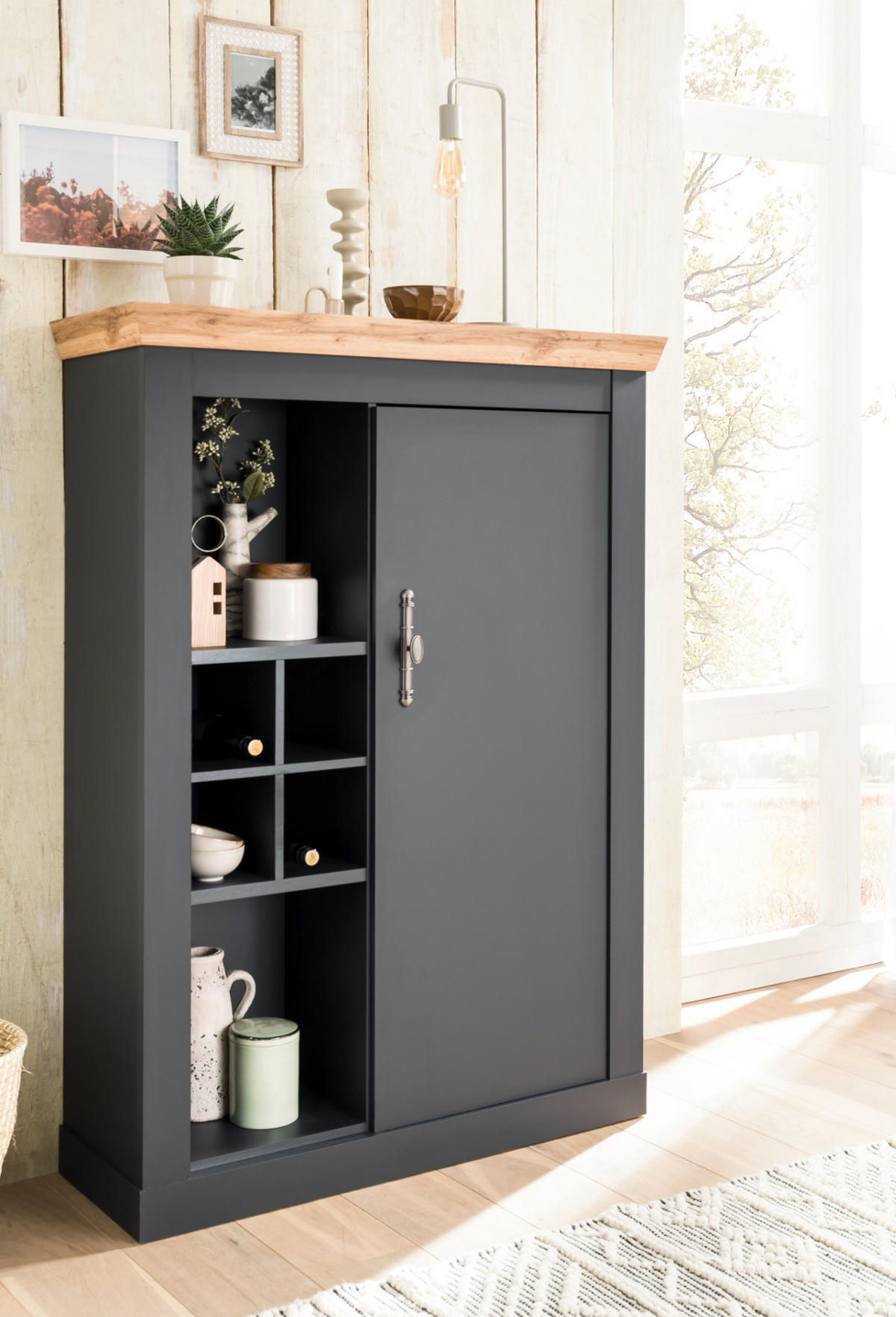 KOMMODE grau, Eiche Wotan, Landhaus 107 cm, Highboard mit Soft-Close - Silberfarben/Eiche Wotan, Holzwerkstoff/Kunststoff (107/146/38cm) - Furn.Design