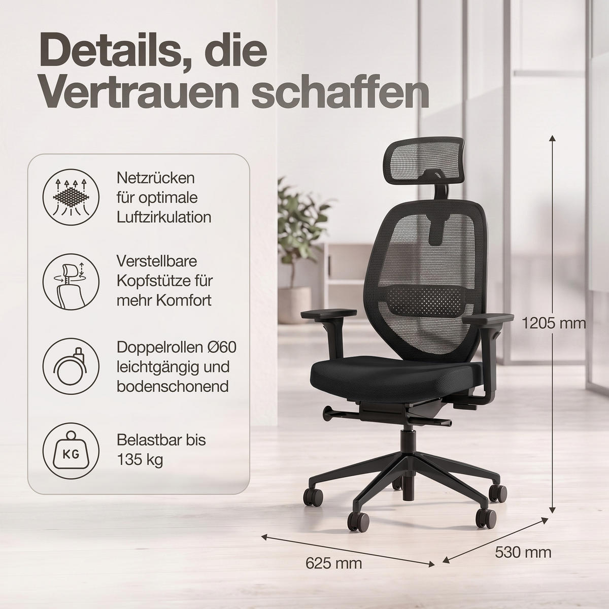 DREHSTUHL Ergonomischer Bürostuhl Atessa mit Netzrücken und Kopfstütze / Mit Kopfstütze Schwarz Netzrücken für Luftzirkulation - Schwarz, Textil (62.5/120.5/45cm) - ASSMANN