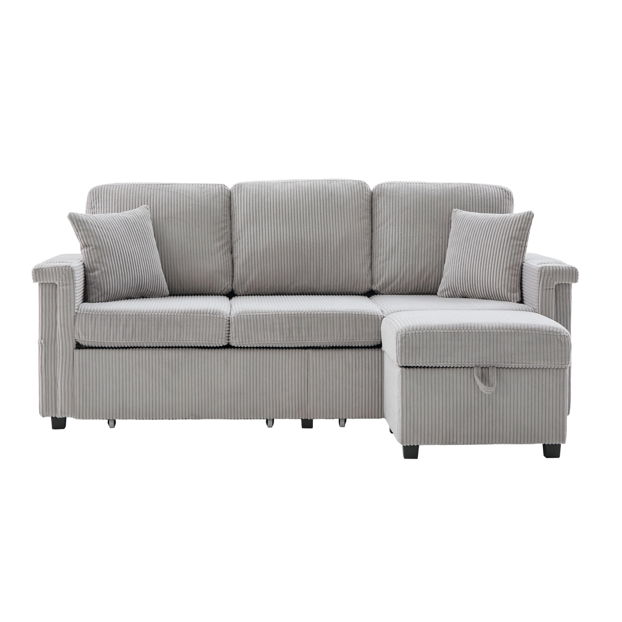 ECKSOFA 194/73/81 cm Hellgrau mit LED-Beleuchtung, Stauraum-Fußteil, 2 Schubladen, Getränkehaltern und Seitentaschen - Hellgrau, Textil (194/73cm) - Oxeza