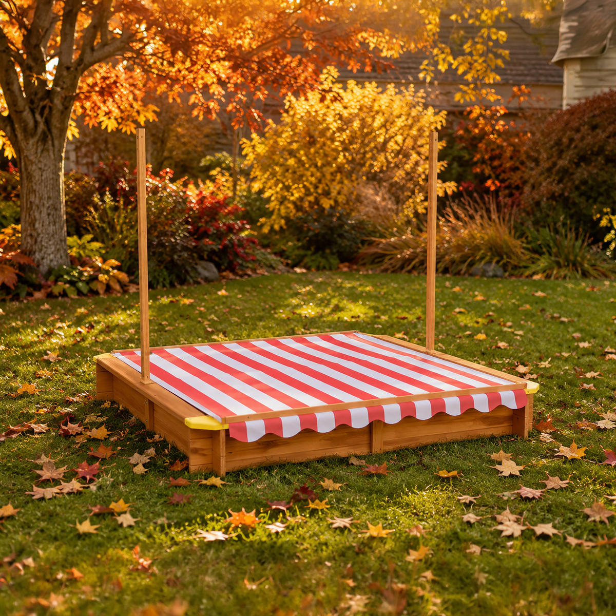 SANDLÅDA Natur trä med justerbart tak 117x117x117 cm - Ljusbrun, Trä/Textil (117/117/117cm) - Relaxdays