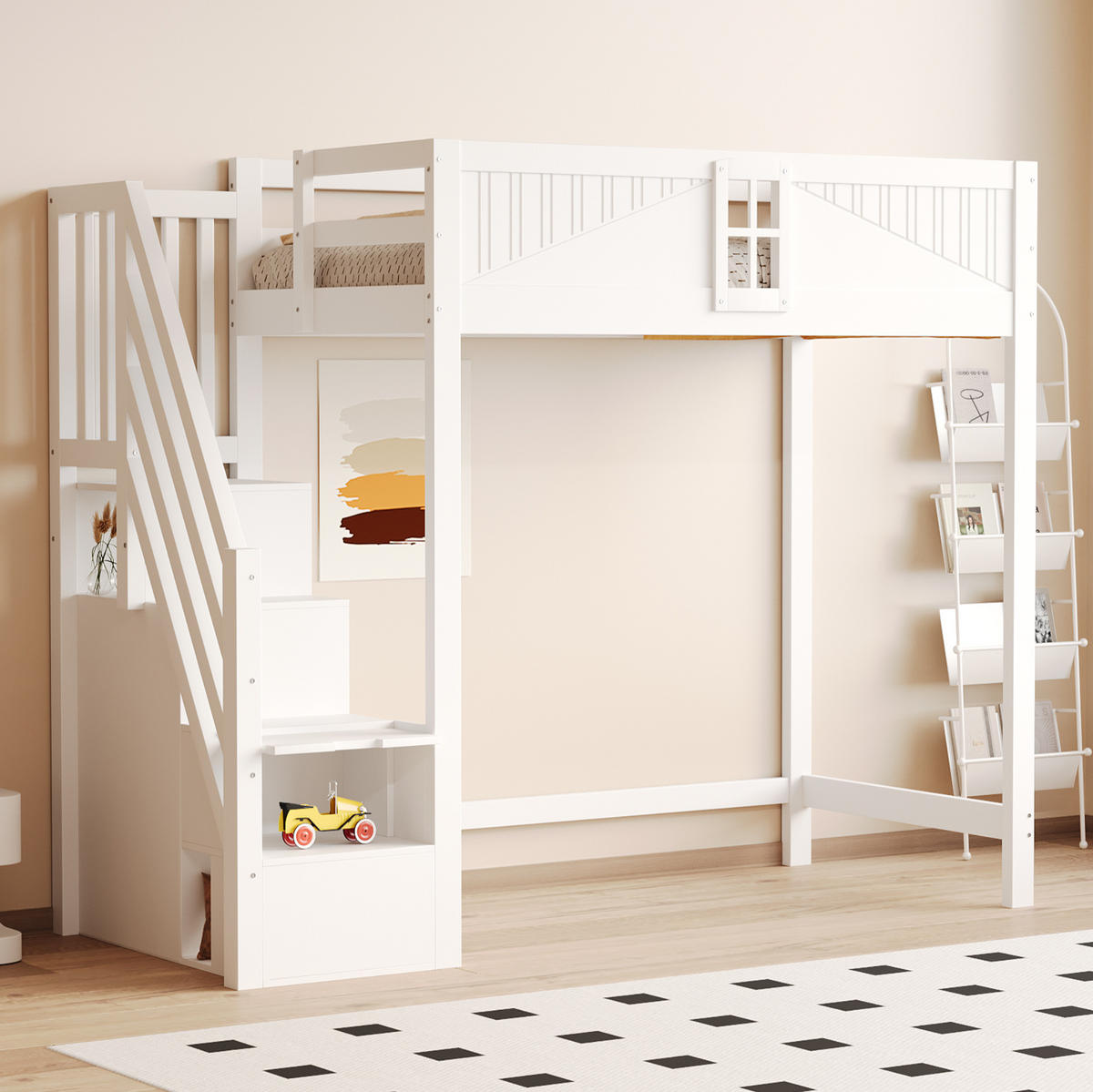 HOCHBETT 90/200 cm mit Sicherheitsumrandung, Fensterdesign und Leiter mit Ablage, Weiß - Weiß, Holzwerkstoff (90/200cm) - Redom