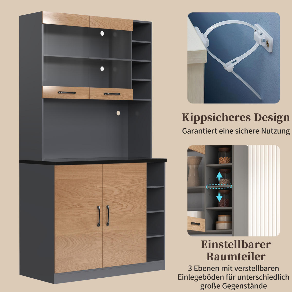KÜCHENBUFFET mit 2 Türen, LED-Beleuchtung und Glaselementen, 100 x 47 x 187 cm, Natur/Grau, Acryl, MDF - Naturfarben, Holzwerkstoff (100/187/47cm) - SONNENH