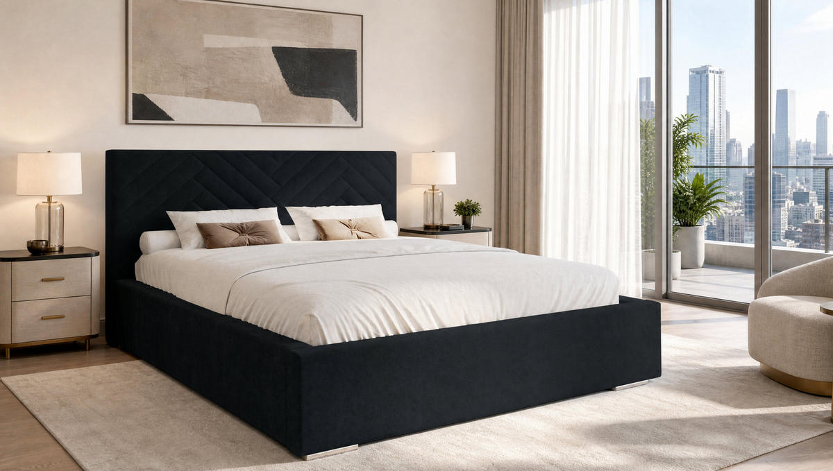 POLSTERBETT 140x200 cm AURA, Doppelbett mit Bettkasten und Lattenrost aus Holz, Velourstoff: Schwarz - Schwarz, Holz/Textil (140/200cm) - Marpur