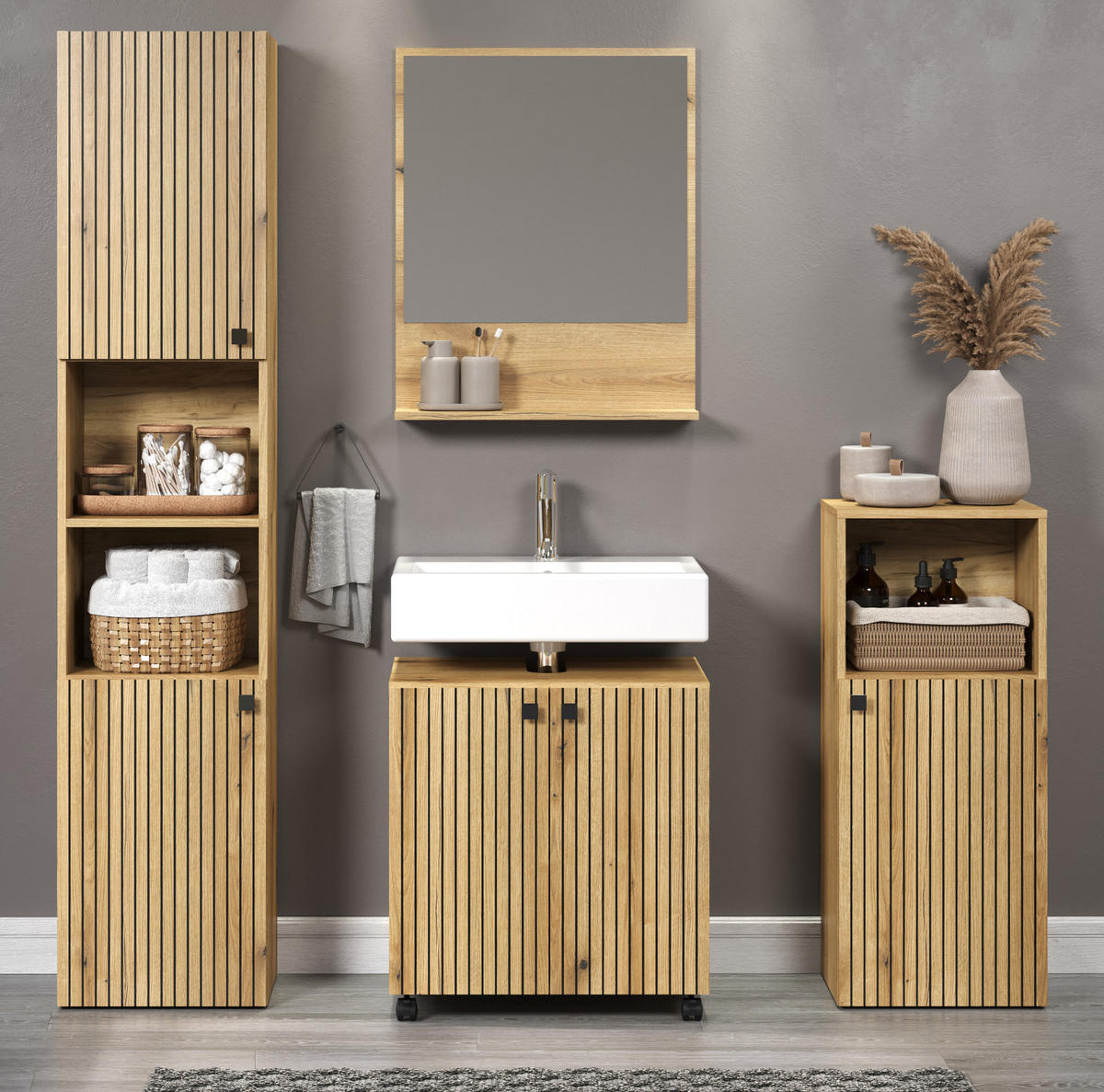 BADMÖBEL-SET Evoke Eiche 4-teilig 160 x 190 cm, Badkombination mit viel Stauraum - Eichefarben/Schwarz, Glas/Holzwerkstoff (160/190/40cm) - Top.Furn