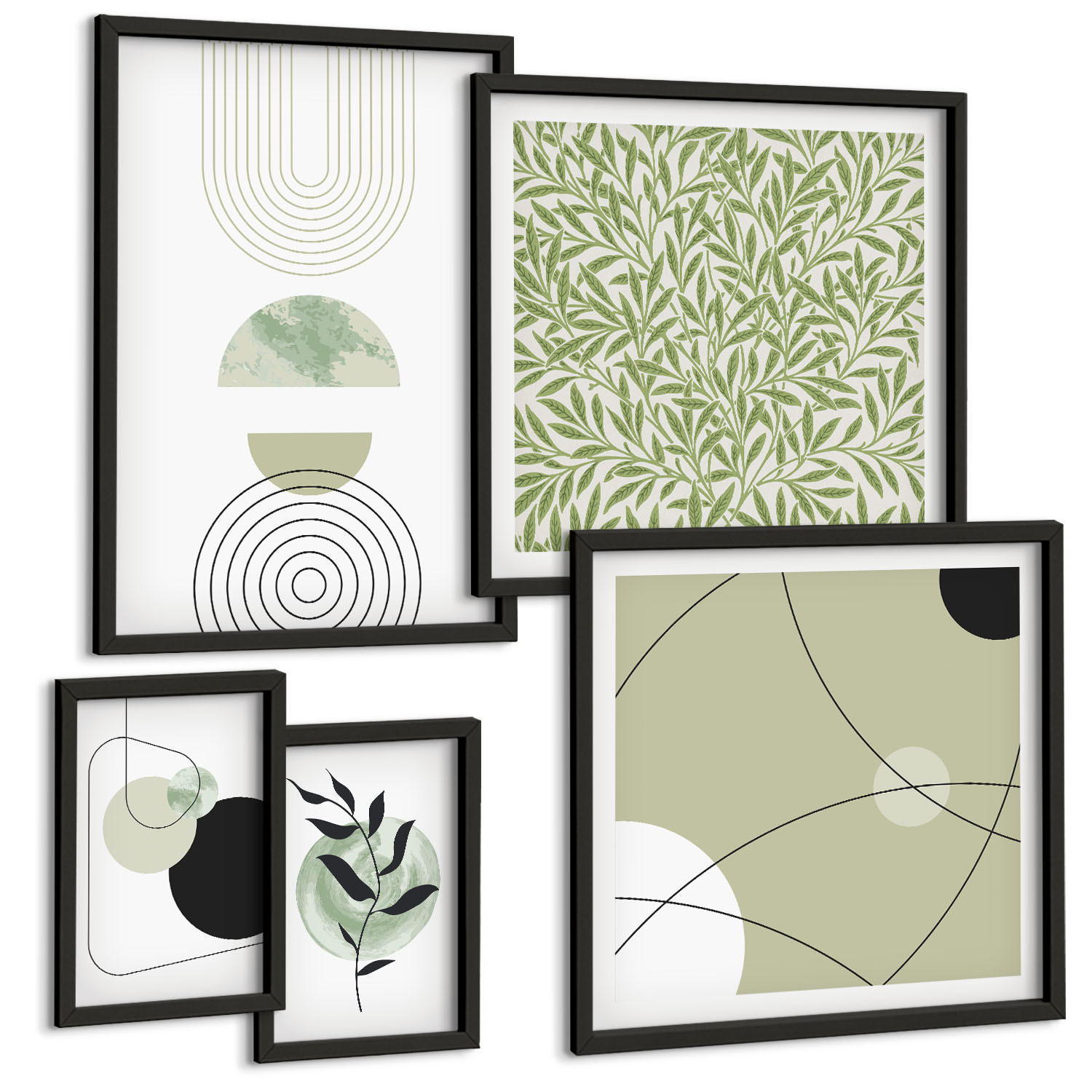 BILDER SET 5er Set - 50x50 cm & 20x30 cm & 40x60 cm Schwarzer Rahmen - Abstrakte Pflanzenmotive - Schwarz, Kunststoff (40/60cm) - TULUP