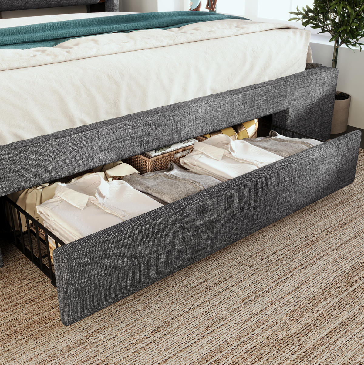 POLSTERBETT 160/200 cm Grau aus Leinen mit Stauraum - Grau, Textil (160/200cm) - OKMYHOME