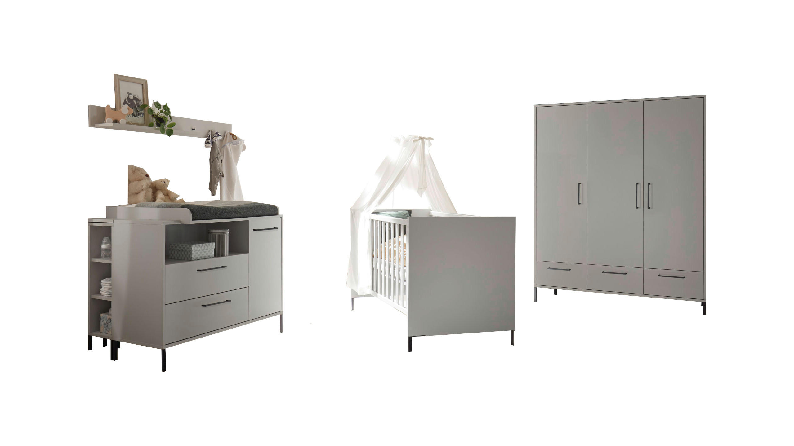BABYZIMMER Olaf in Kreidegrau matt Lack und Anthrazit 8 teilig inklusive Matratze - Grau, Holzwerkstoff (120/200/80cm)