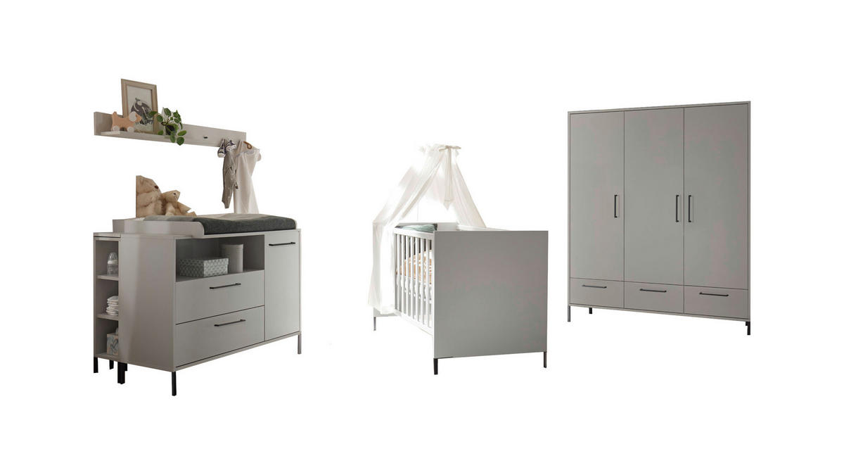 BABYZIMMER Olaf in Kreidegrau matt Lack und Anthrazit 8 teilig inklusive Matratze - Grau, Holzwerkstoff (120/200/80cm)