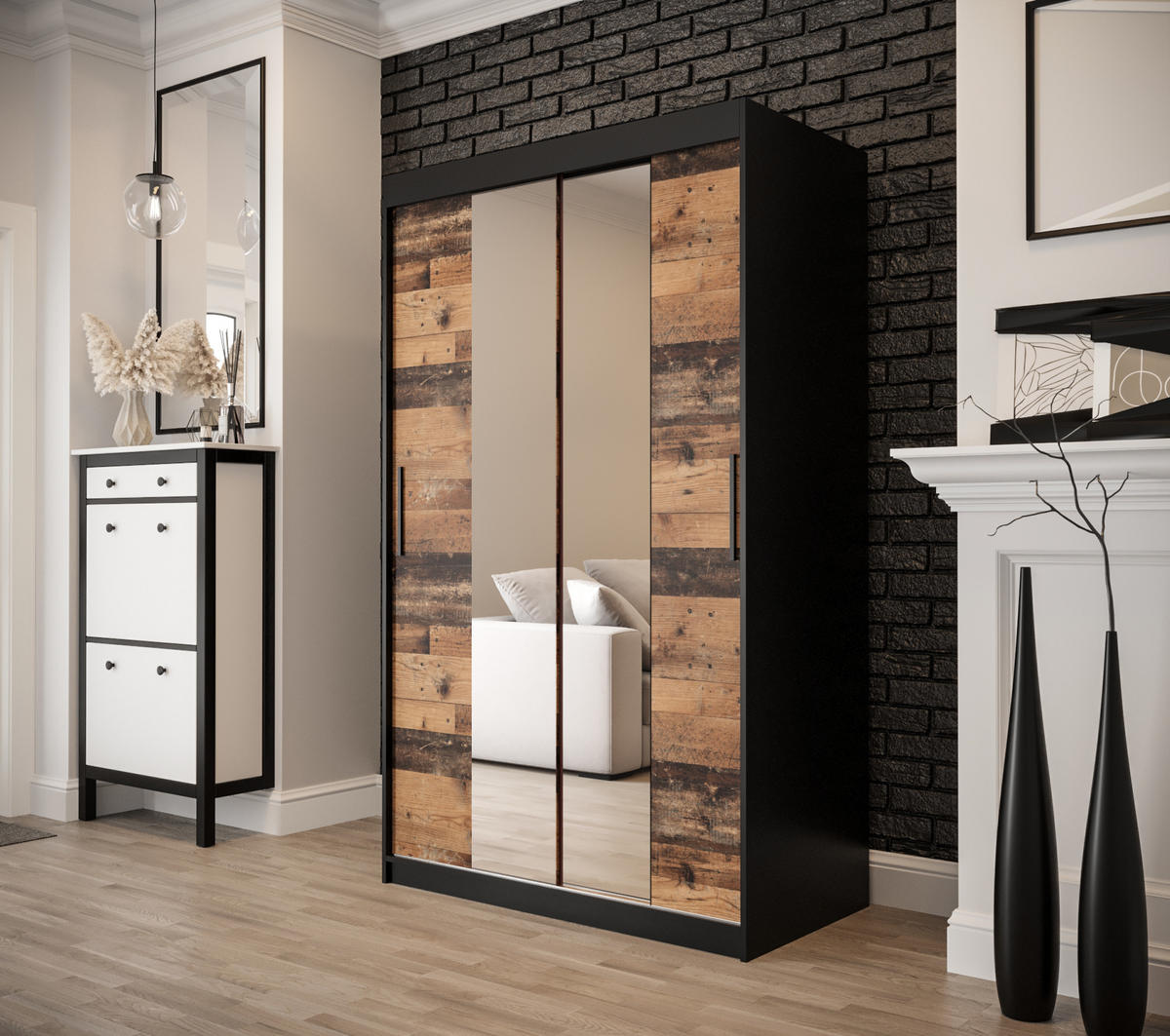 SCHWEBETÜRENSCHRANK 200/120/62 2-türig - Eichefarben/Schwarz, Holz/Kunststoff (120/200/62cm) - MÖBEL KRYSPOL