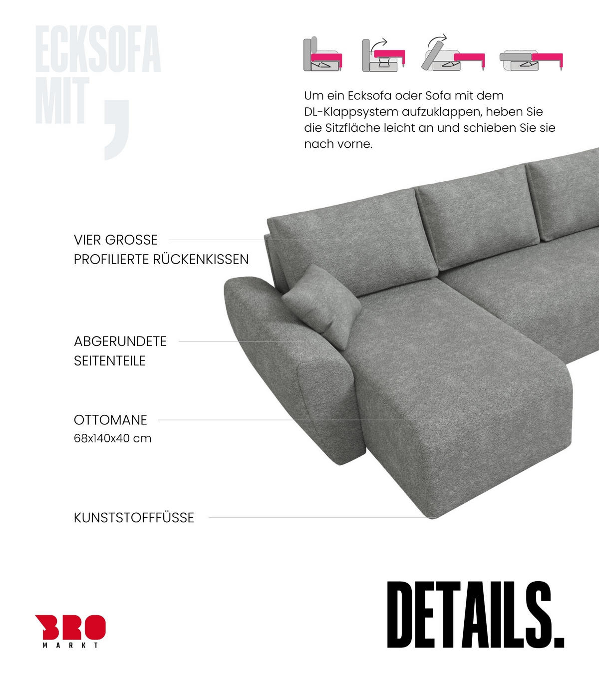 WOHLANDSCHAFT Rotterdam U mit Schlaffunktion Grau Bouclé - Grau, Textil (310/80/141cm) - Bromarkt