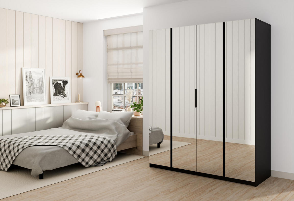 KLEIDERSCHRANK Nehir Schwarz/Eiche Evoke 200 cm - 4T Modern mit 4 Spiegeln - Eichefarben/Schwarz, Holzwerkstoff/Kunststoff (200/239/61.9cm) - AX Living