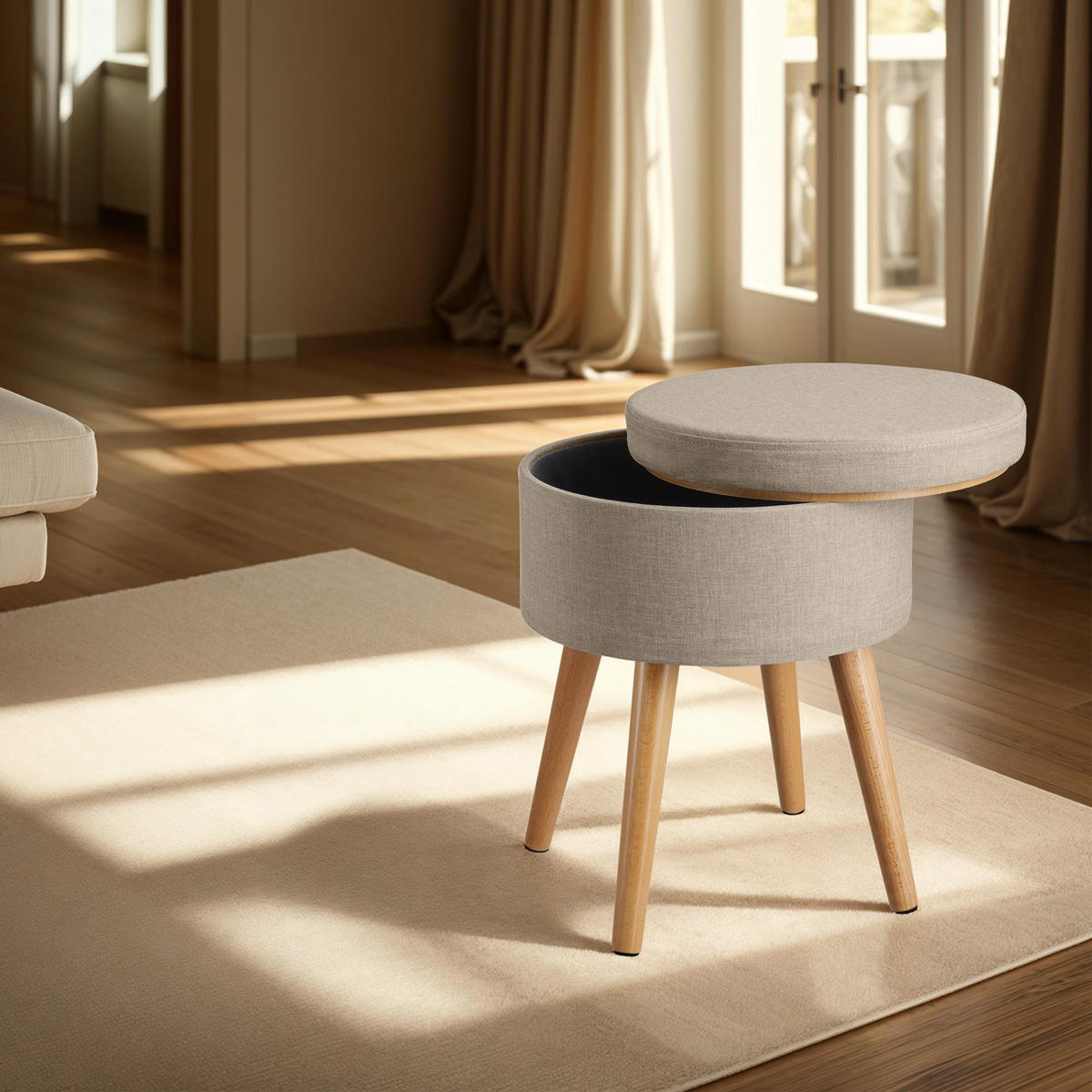 SITZHOCKER mit Stauraum Yara,42,5 x 42,5 x 45,5 cm,Sand - Sandfarben, Holz (42.5/45.5/42.5cm) - tectake