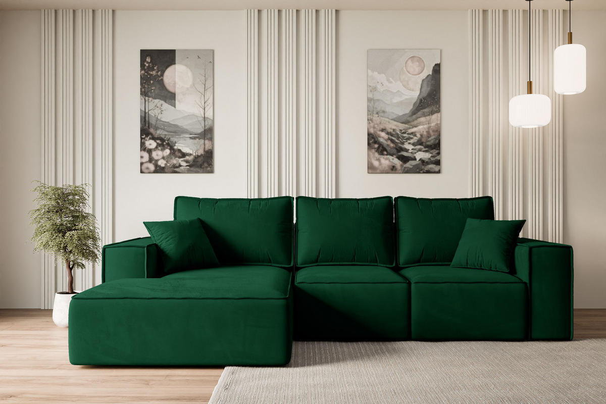 ECKSOFA mit Schlaffunktion und Bettkasten SERRA-L-S - 266x161x87 cm Grün Velours - Schwarz/Grün, Holzwerkstoff/Kunststoff (266/161cm) - ALTDECOR