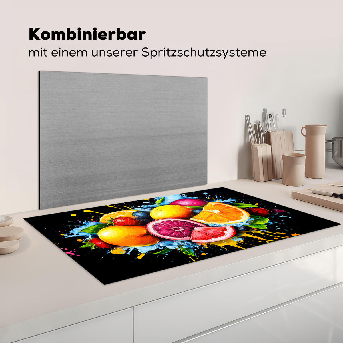 KRYT NA INDUKČNÍ DESKU Ovoce - graffiti - barevné - pomeranč - jahoda - abstraktní 91.2x52 cm - pomerančová, plast (91.2/52/0.2cm) - MuchoWow