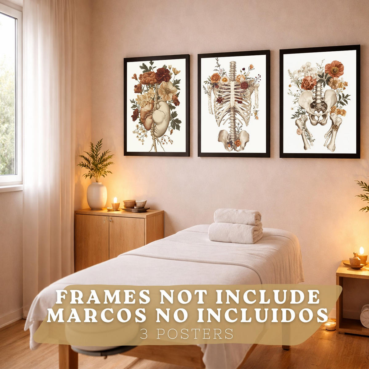POSTER Set aus 3 Anatomie Mensch Florale Vintage Drucke und Wandbilder mit Herz Brustkorb und Becken Medizinische Wanddekoration Größe Rahmenlos A3 - Klar, Papier (29.7/42/3cm) - Nacnic
