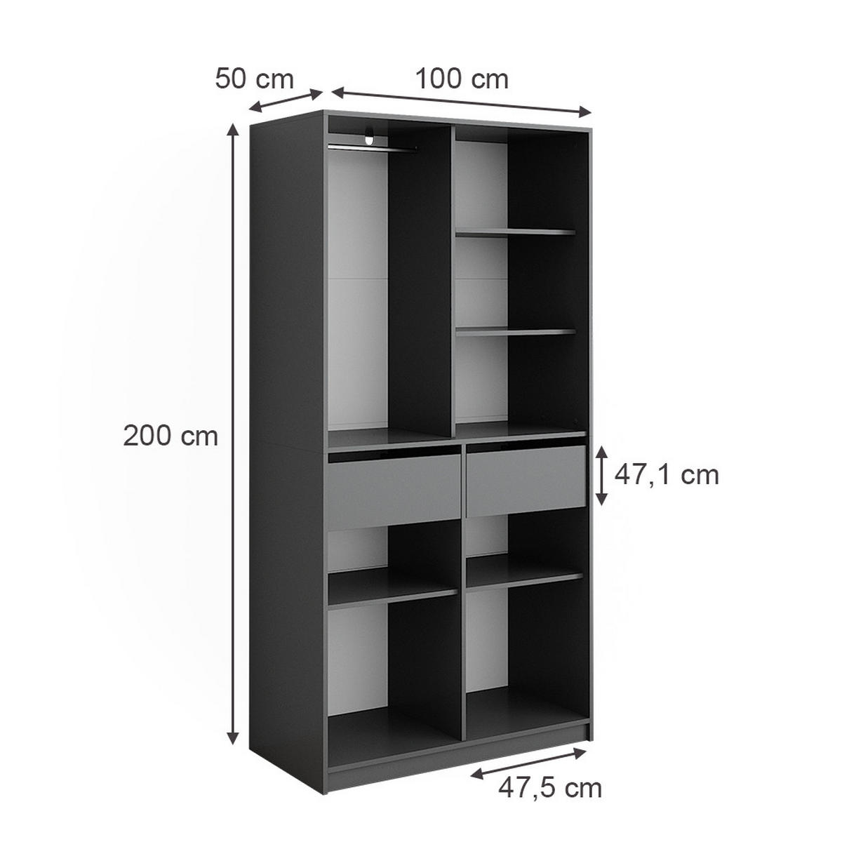 KLEIDERSCHRANK Elmo Anthrazit 100 x 200 cm mit 2 Schubladen - Anthrazit, Holzwerkstoff (100/200/50cm) - Vicco