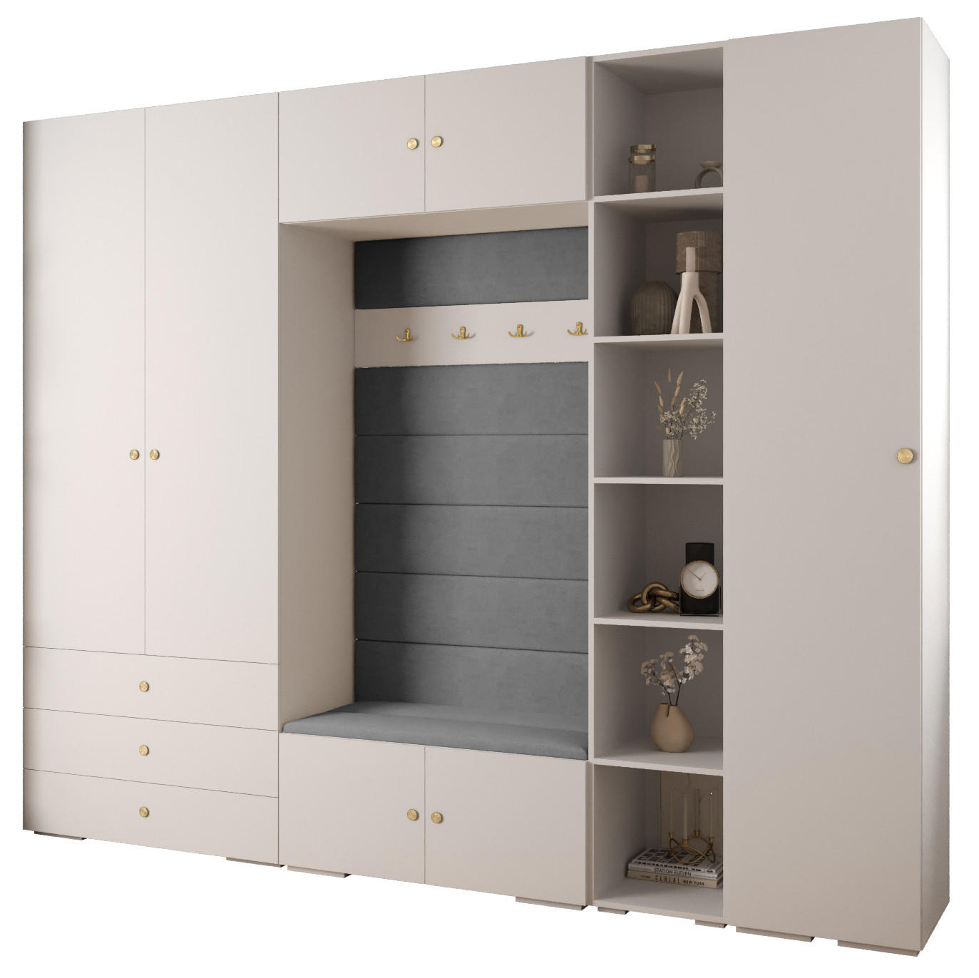 Abiks Möbel Garderoben-Set Weiß, Grau, Gold 290x236.7x47 cm