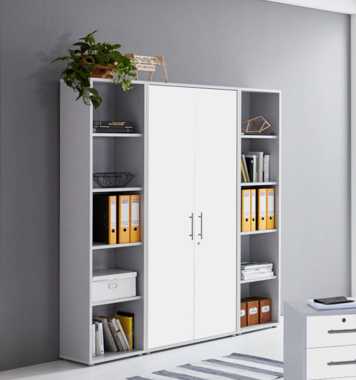 BÜROMÖBELSET 3-tlg. lichtgrau / weiß matt - Silberfarben/Hellgrau, Holz/Metall (172/185/33cm)