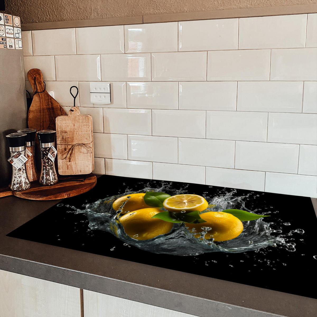 HERDABDECKPLATTE Zitrone - Obst - Gelb - Schwarz Induktionsmatte 83x51 cm - Gelb, Kunststoff (83/51.5/0.2cm) - MuchoWow