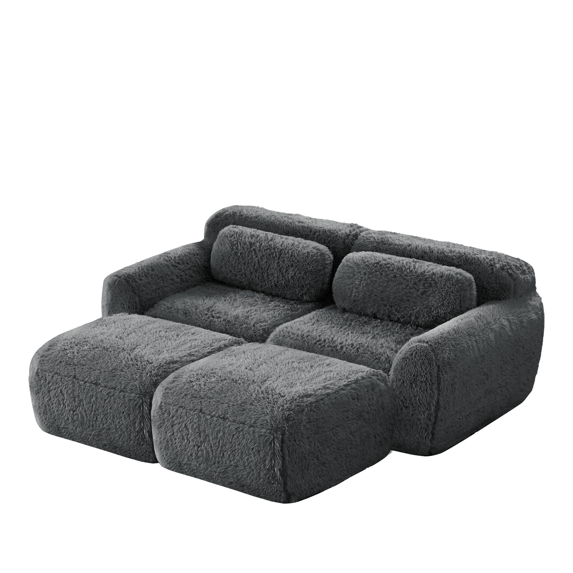 SCHLAFSOFA 2-Sitzer aus Plüschstoff mit 2 Hockern, Grau - Grau, Textil (204/73/179cm)