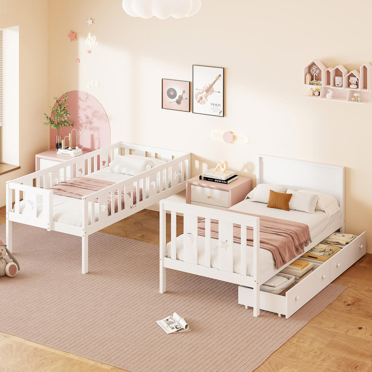 ETAGENBETT 90/200 cm Weiß mit Stauraumtreppe und 2 Schubladen - Weiß, Holz (90/200cm) - Flora Grace