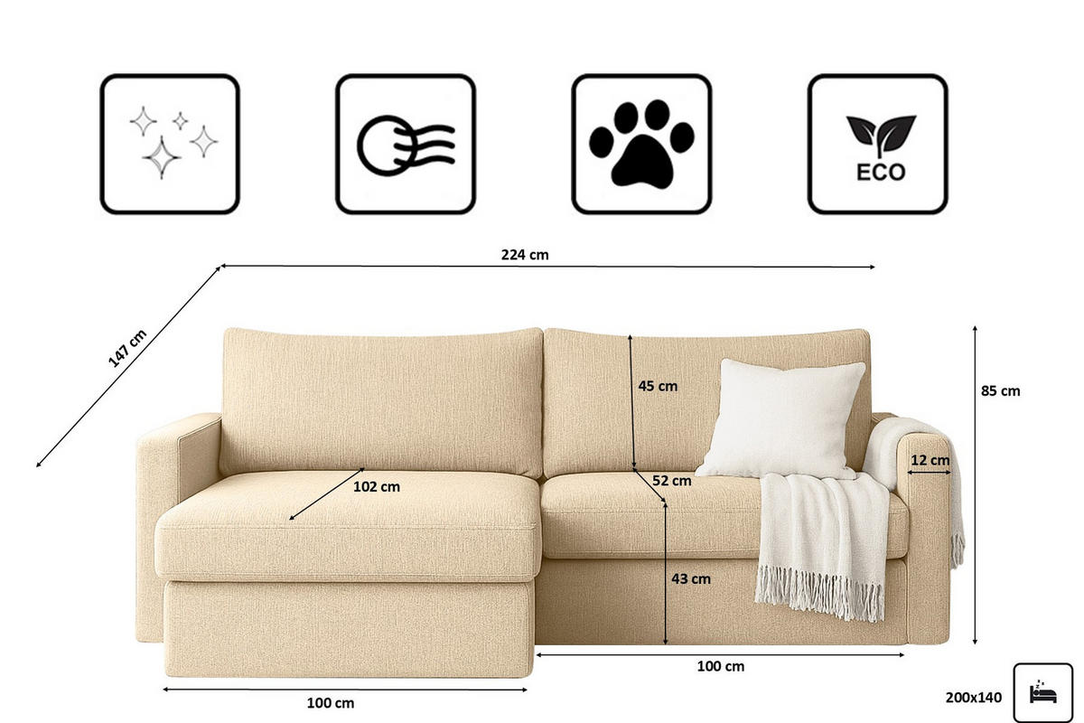 ECKSOFA Mit Schlaffunktion Und Bettzeugablage LUBEKA Stoff Faro Ecru Links - Ecru, Holz (140/147cm) - Kaiser Möbel