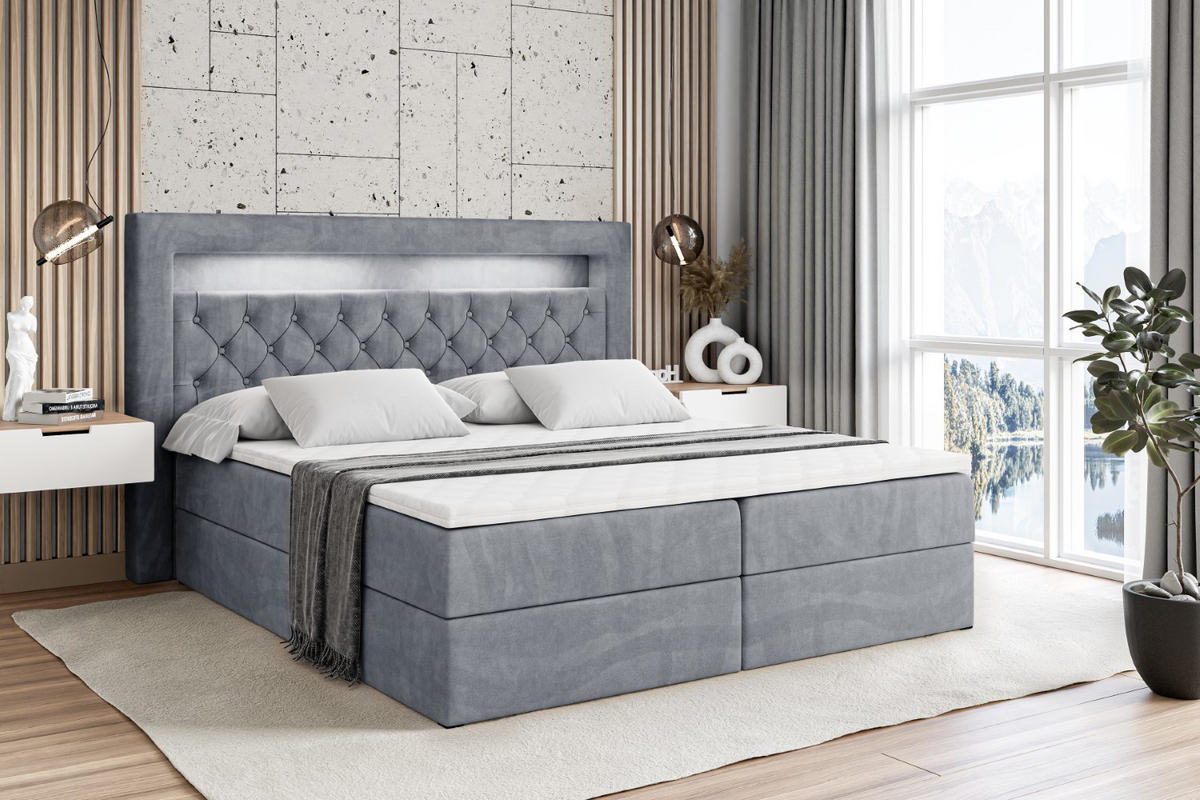 BOXBETT LED mit H4-Matratze und Lattenrost - NOEL GOLD - 160x200 Grau - Grau, Holzwerkstoff (160/200cm) - ALTDECOR