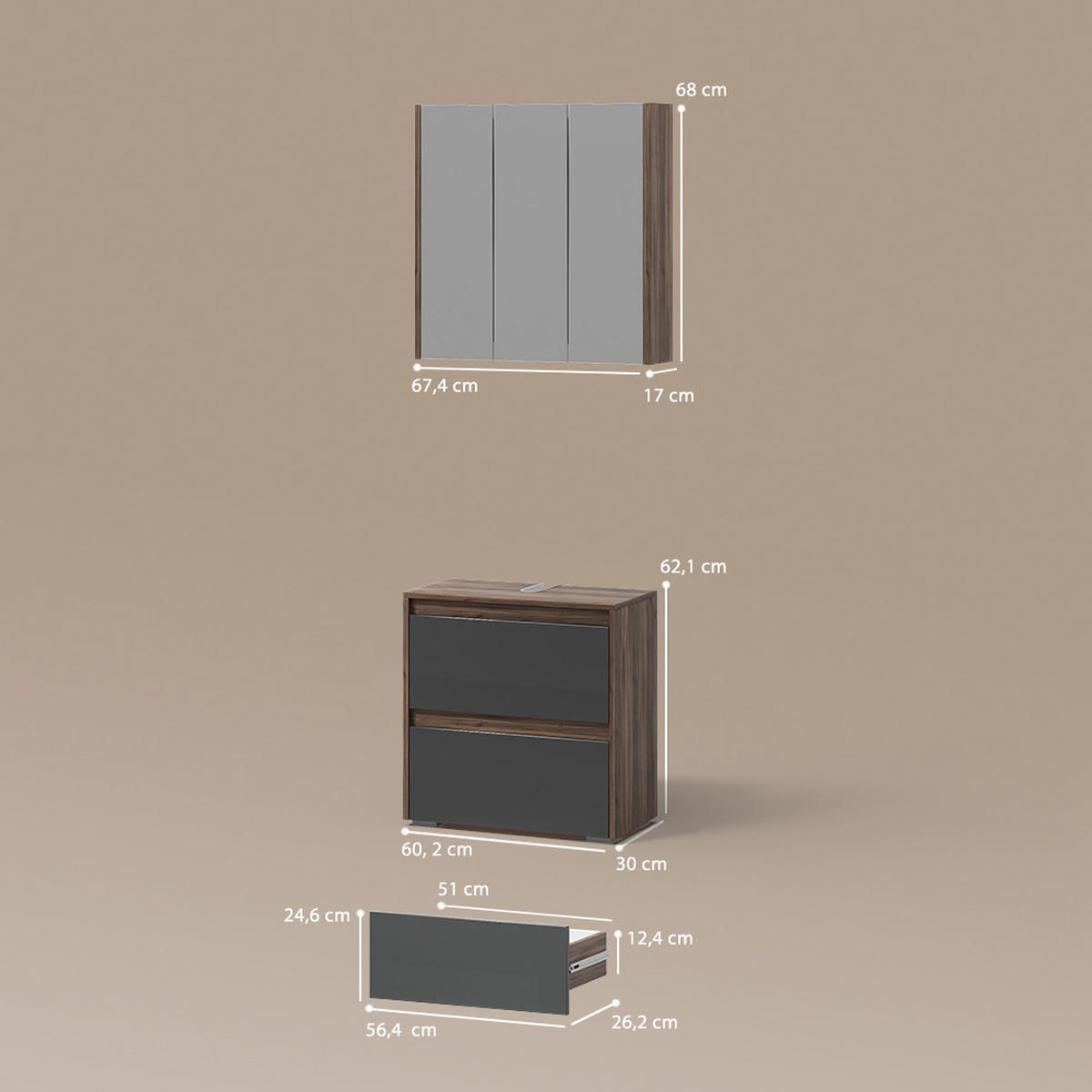 BADMÖBEL-SET Savuto Anthrazit 2 Teile - Anthrazit/Walnussfarben, Holzwerkstoff (67/68/30cm) - Livinity®