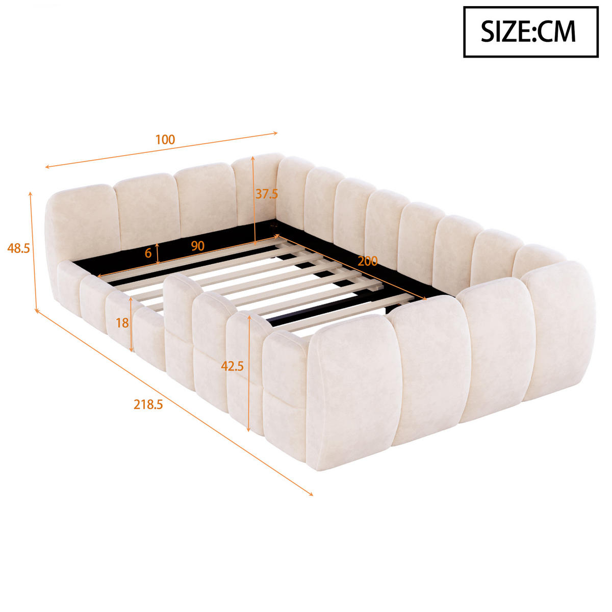 POLSTERBETT 90/200 cm in Beige Samt mit abgerundeten Ecken - Beige, Holzwerkstoff/Textil (90/200cm) - WISHDOR