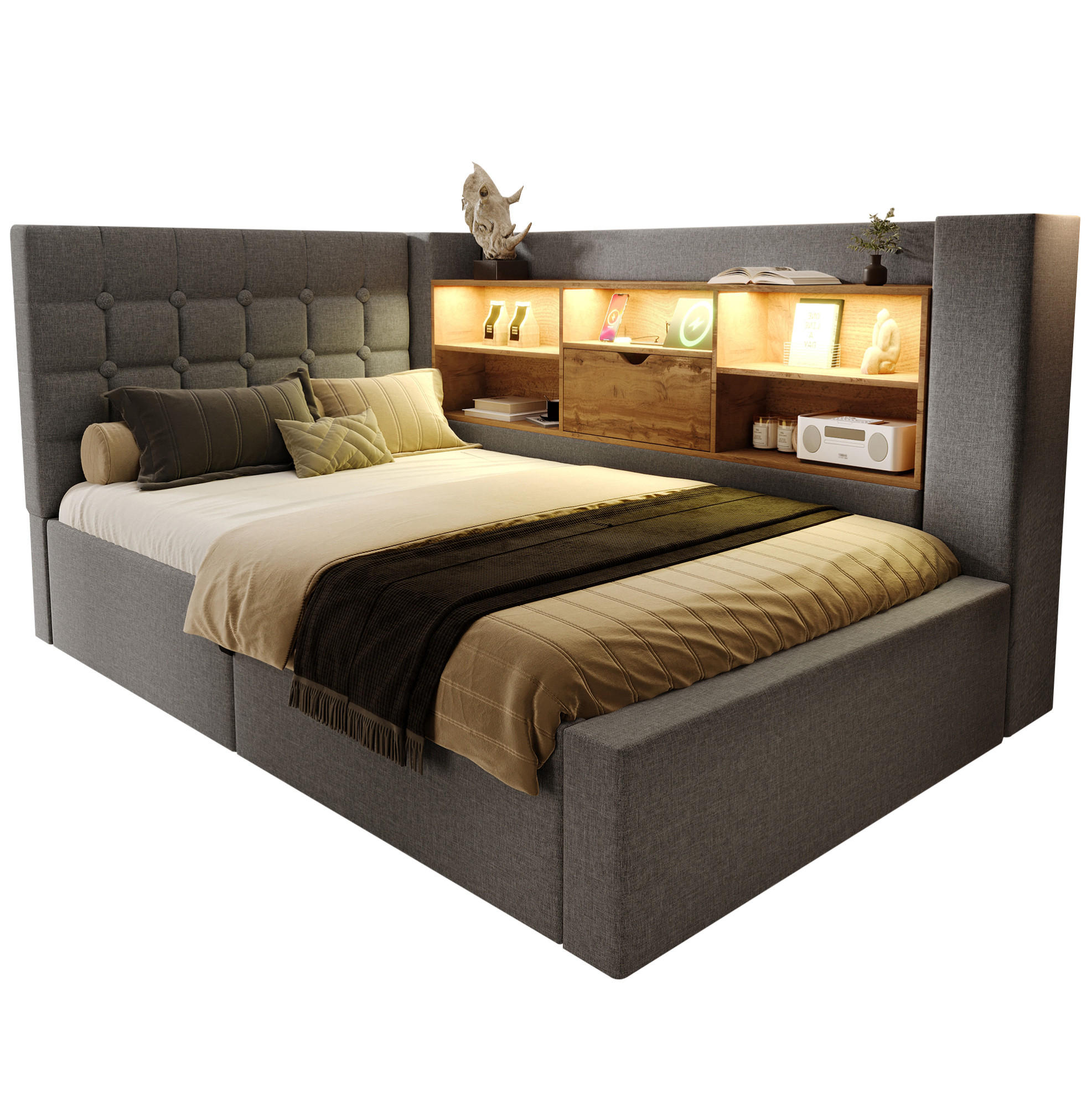 POLSTERBETT 90/200 cm Grau mit LED, USB und Stauraum ohne Matratze - Grau, Textil (90/200cm) - MIVRAY
