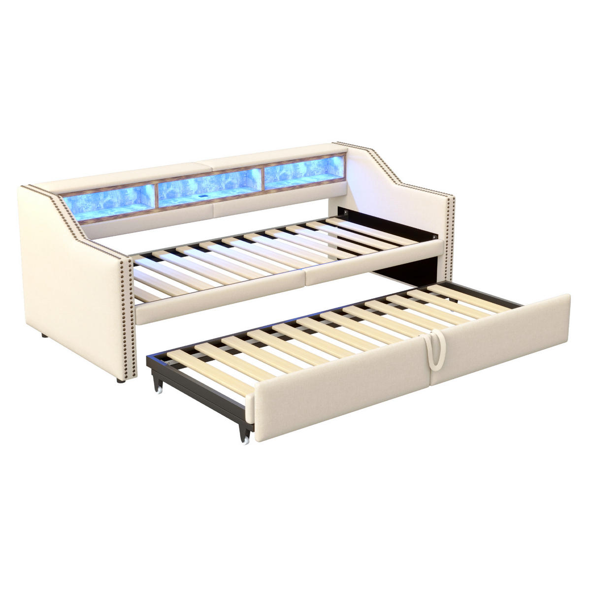 AUSZIEHBETT 90/180 x 200 cm in Beige mit LED-Beleuchtung und USB-Anschluss - Beige, Textil (90/200cm) - Flora Grace