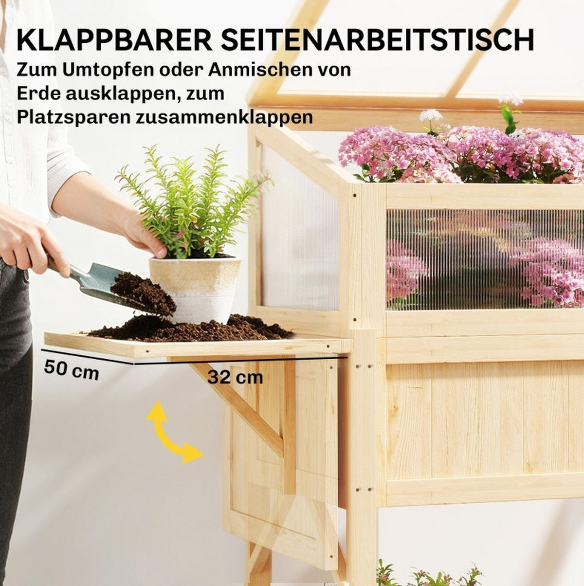 TRUHLÍK na kvety z dreva, 104/50/120 cm prírodný, so skleníkovým nadstavcom a odkladacou plochou - prírodná farba, drevo (50/102/104cm) - BEAOK