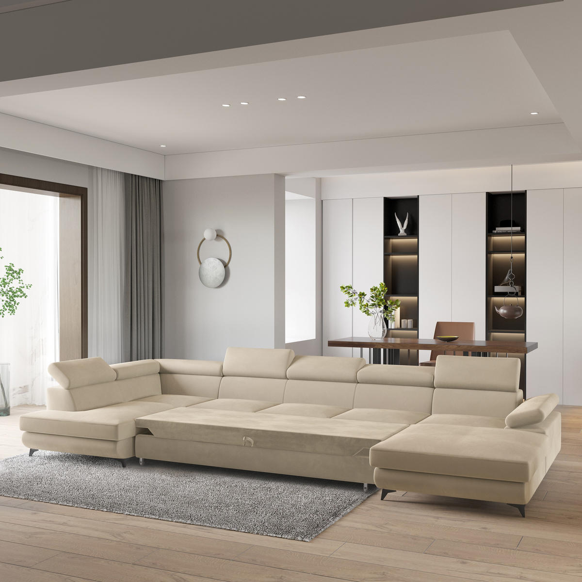 WOHNLANDSCHAFT MONTIVA Creme Velours-Stoff mit Schlaffunktion - Creme, Holz (410/89/190cm) - MASSENO