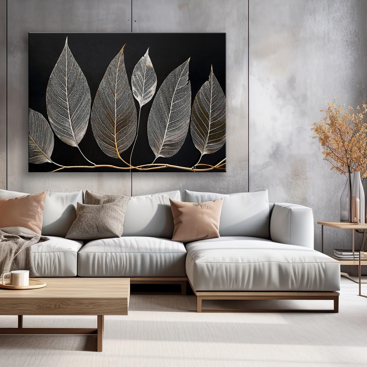 WANDBILD minimalismus hinterlässt zweig glamour silber - Silberfarben, Textil (60/40cm) - Feeby