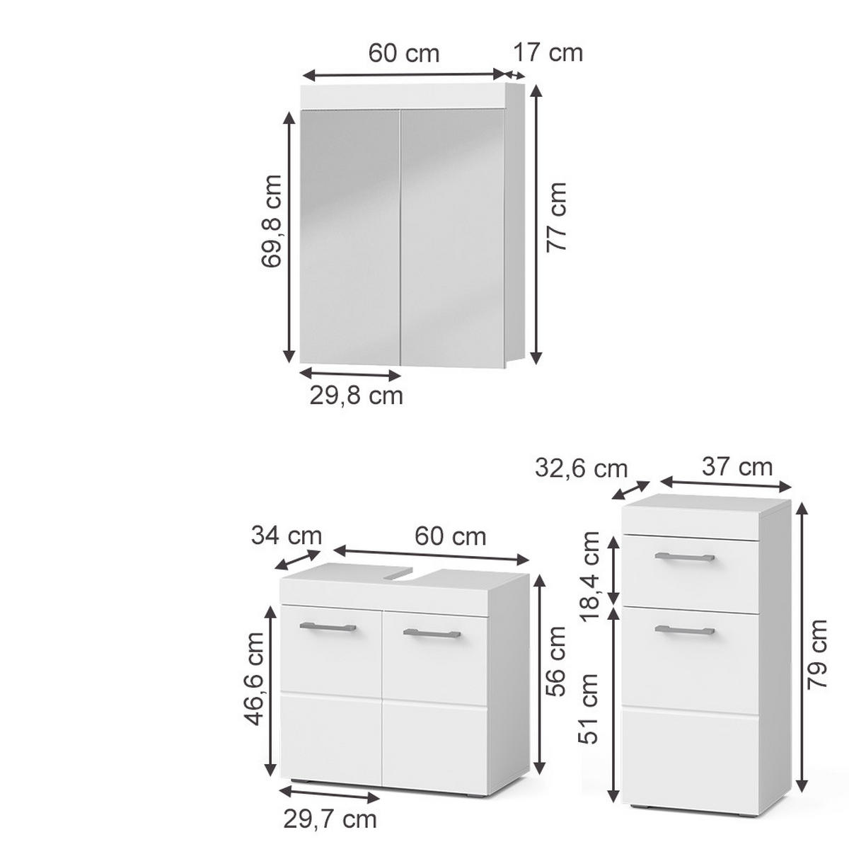 SADA NÁBYTKU DO KOUPELNY Luna Bílá 3 díly - bílá, kompozitní dřevo (60/56/34cm) - Vicco