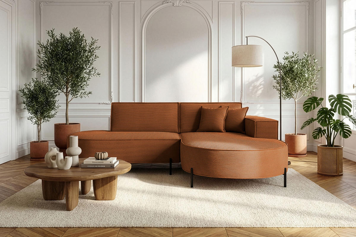 ECKSOFA Hana Loft 3-Sitzer Ecke Rechts, Cordstoff Chenille, Orange 241/80/168 cm - Schwarz/Orange, Textil/Metall (241/168cm) - WFL GROUP