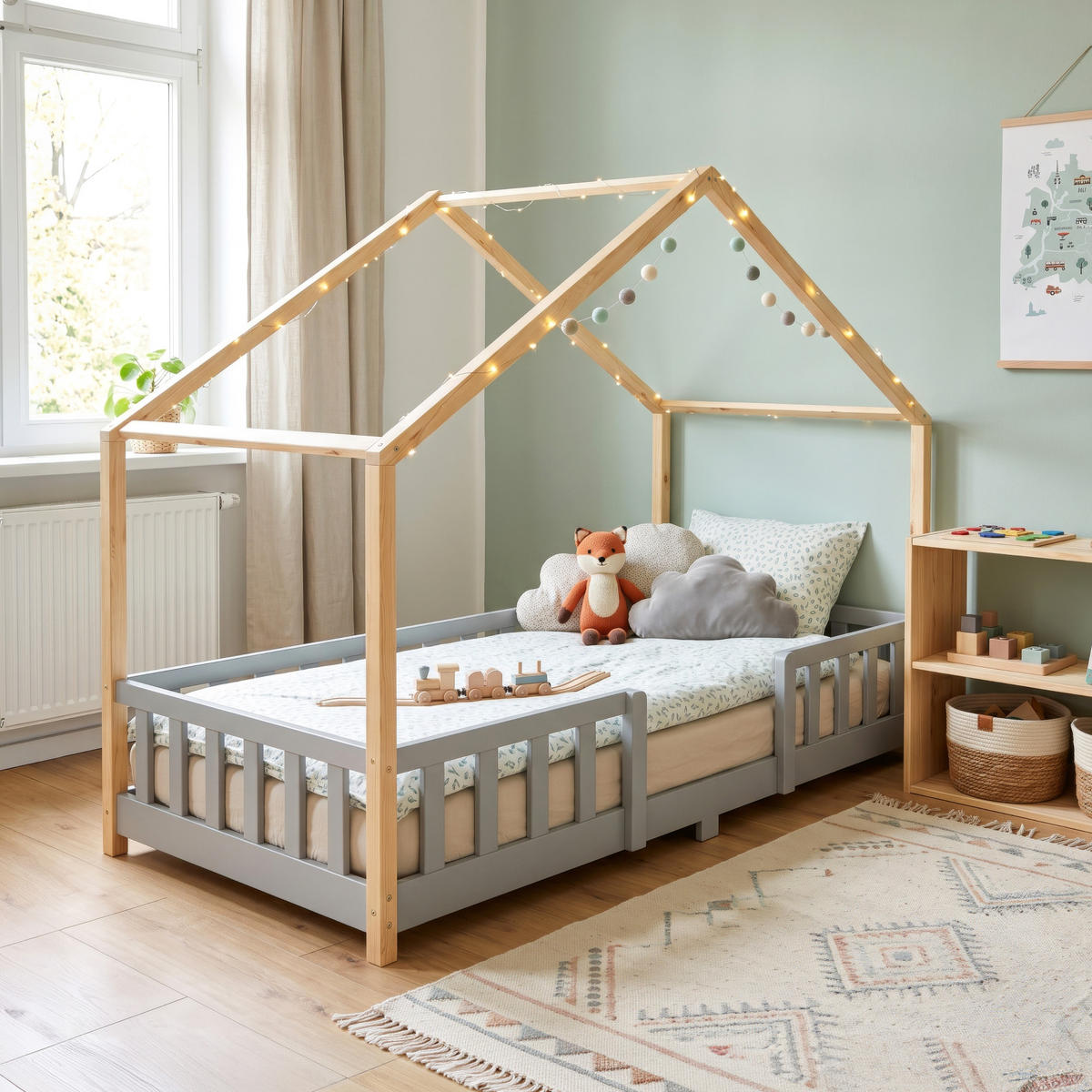 HAUSBETT Treviolo - Hellgrau/Naturfarben, Holz (90/200cm) - [en.casa]