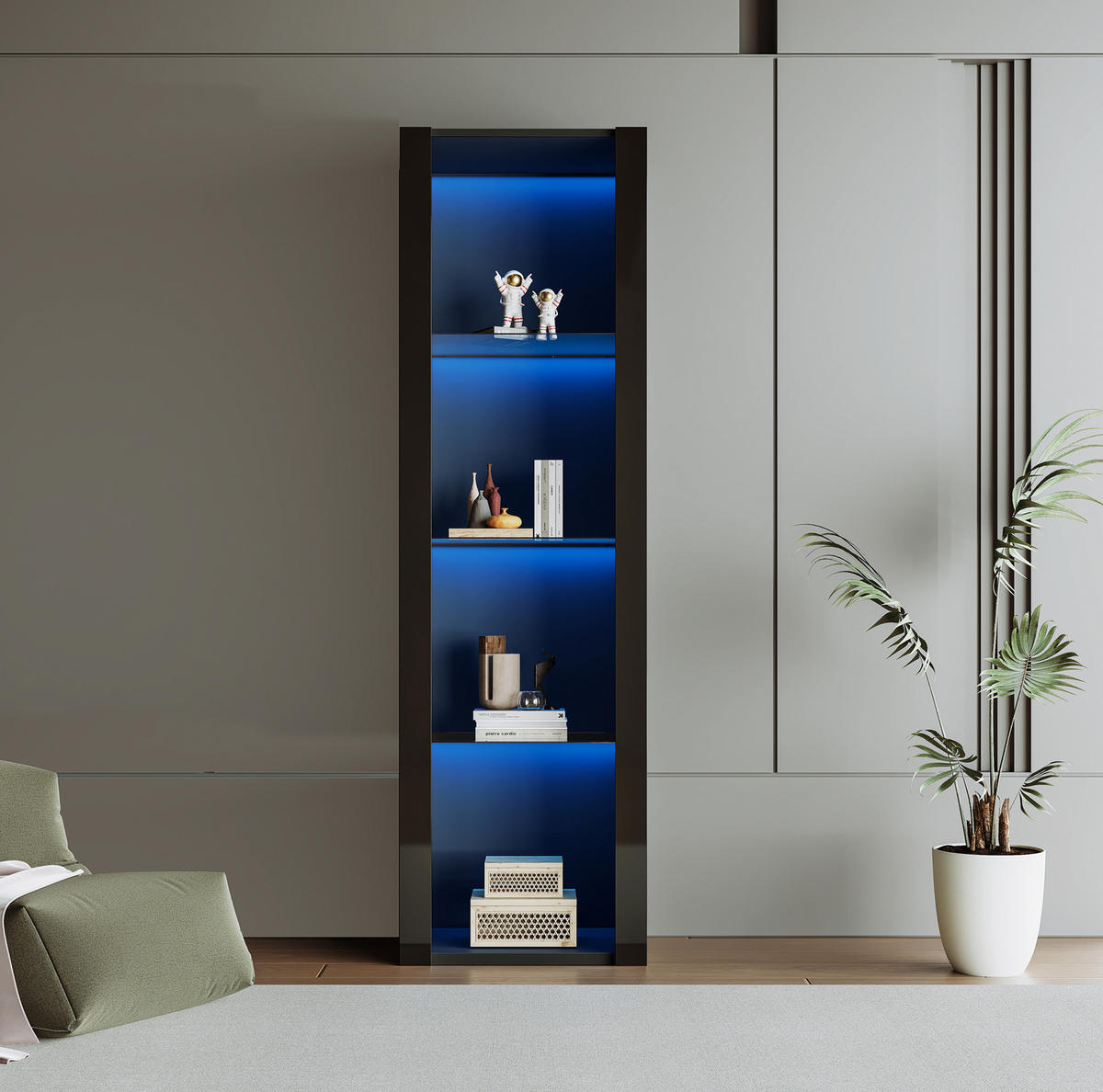 VITRINE 55/38/166 cm in Schwarz Hochglanz mit LED-Beleuchtung - Schwarz, Holzwerkstoff (55/166/38cm) - Flora Grace