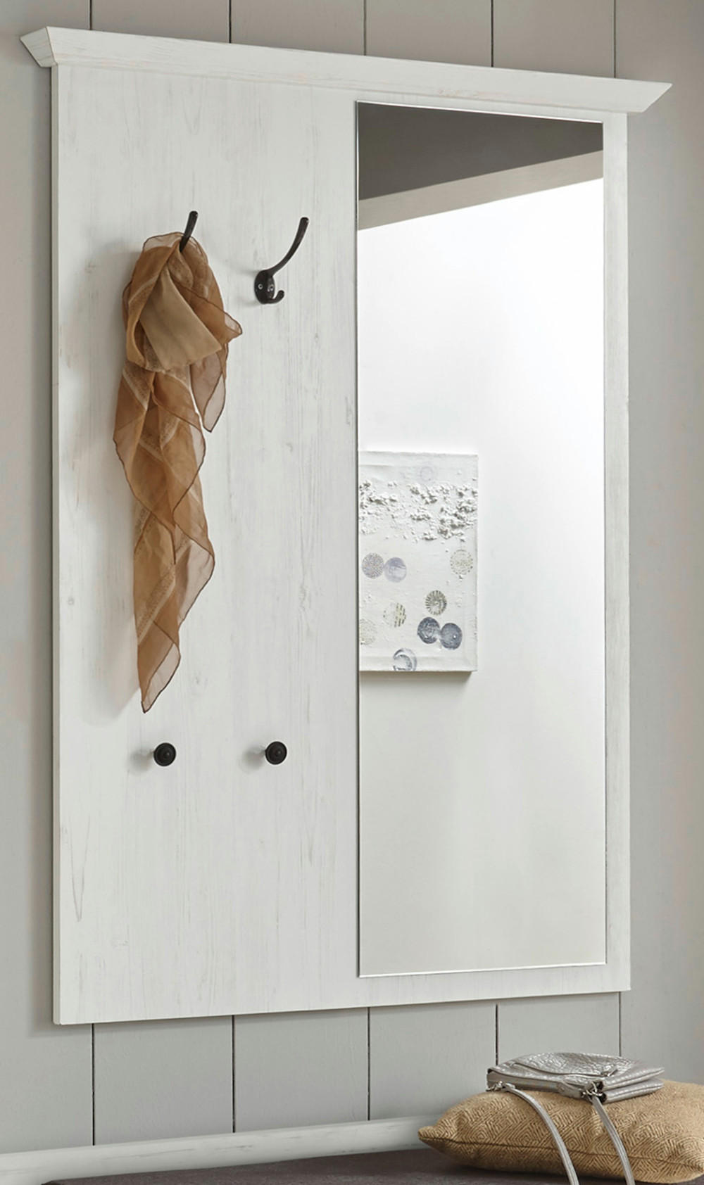 GARDEROBENPANEEL Pinie weiß 105 cm, Wandgarderobe mit Spiegel - Weiß, Holzwerkstoff/Metall (105/140/6cm) - Furn.Design
