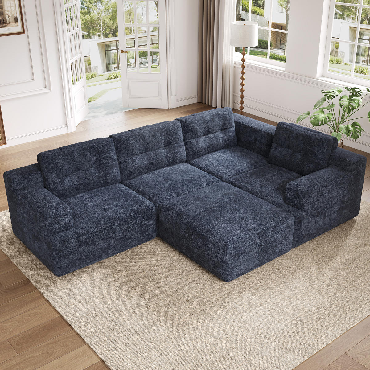 WOHNLANDSCHAFT 252/180/82 cm Blue mit 1 Fußhocker - Blau, Textil (252/82/180cm) - Oxeza