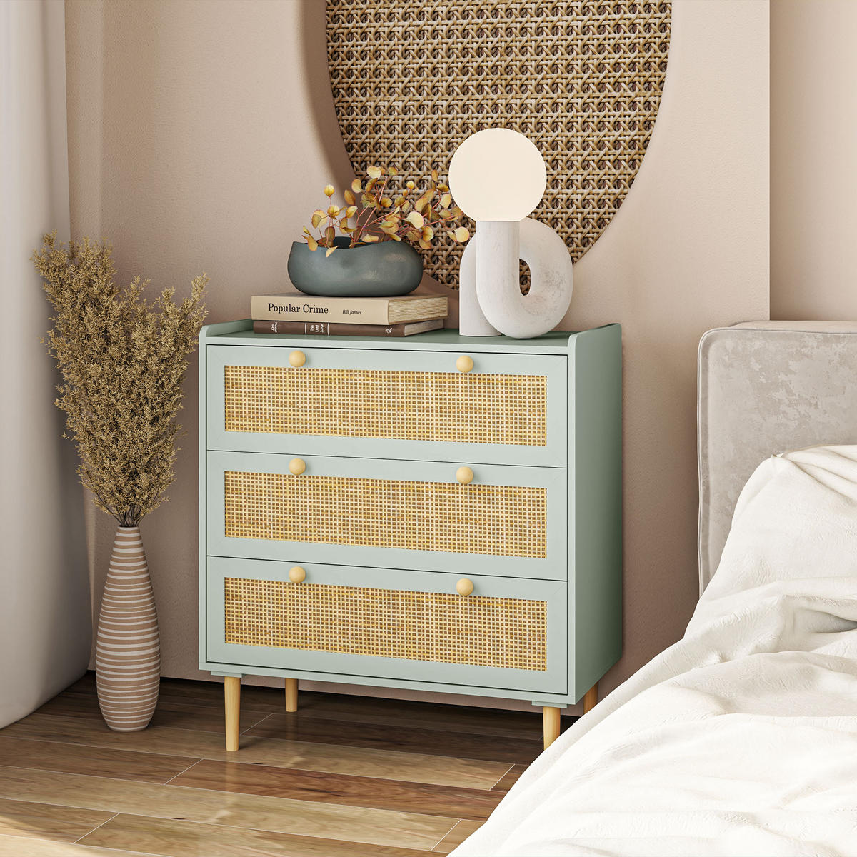 KOMMODE DE-09056 3 Schubladen mit Rattan-Fronten Grün - Grün, Holzwerkstoff (80/87.5/40cm) - ComfortXL