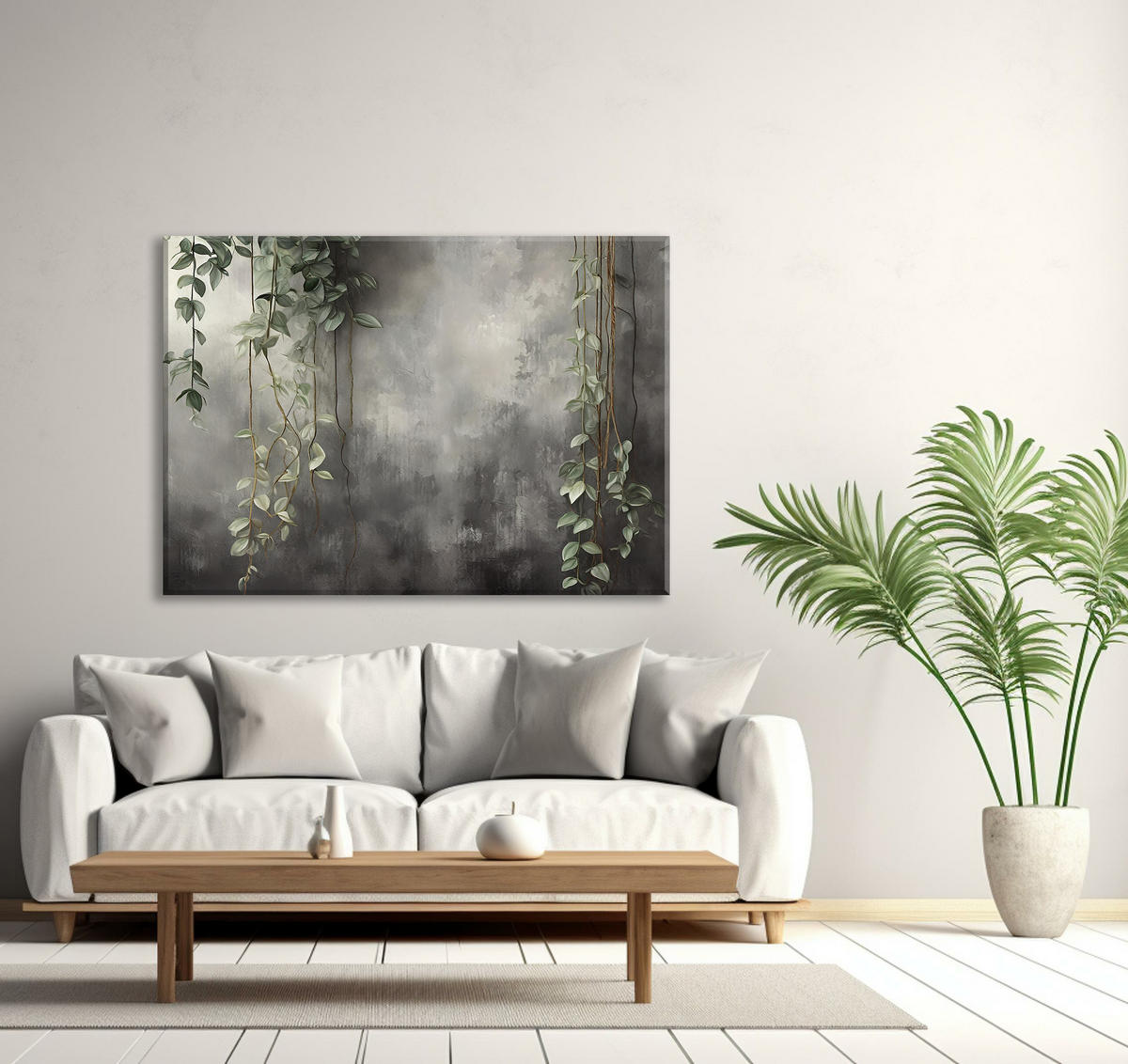 WANDBILD blätter auf einem hintergrund aus beton - Grau, Textil (60/40cm) - Feeby