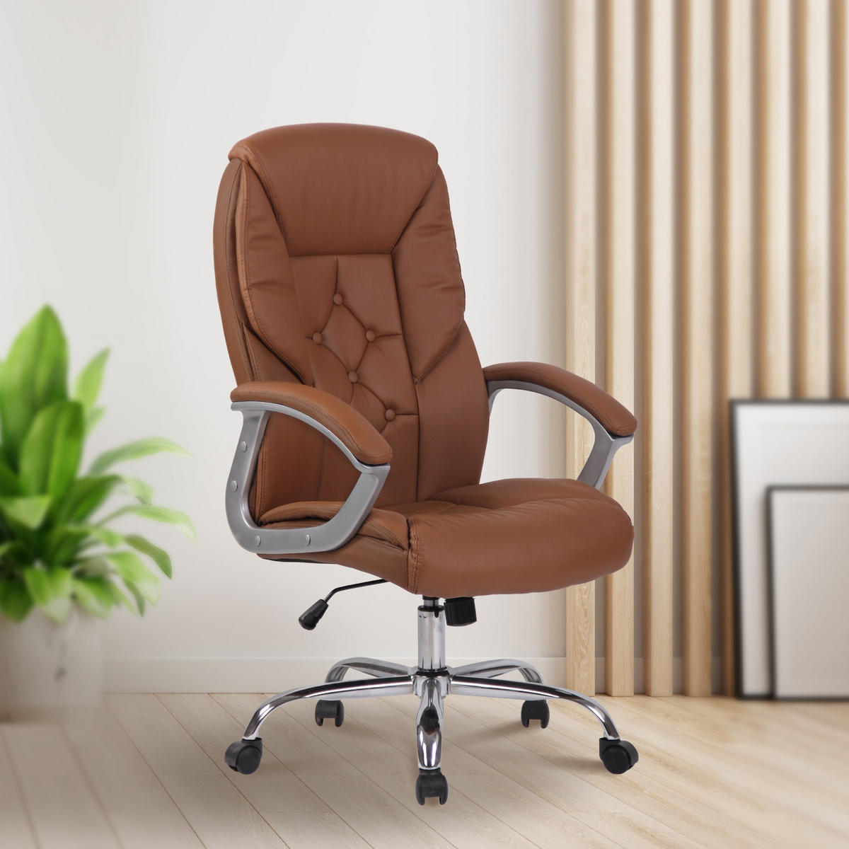 CHEFSESSEL Lederlook hellbraun - Chromfarben/Hellbraun, Textil/Metall (66/112/68cm) - CLP