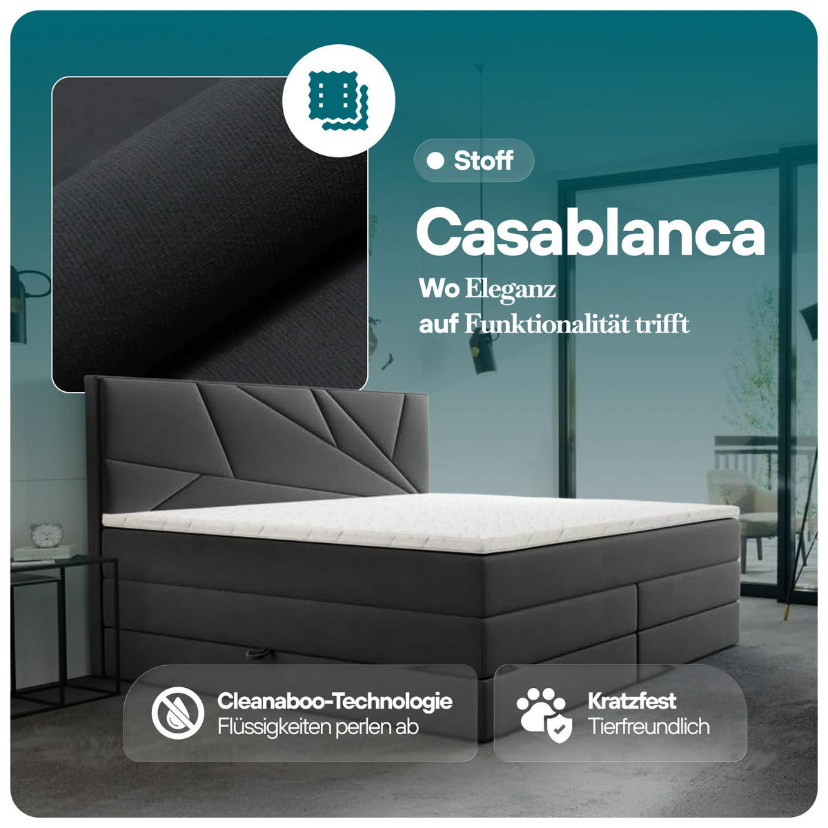 BOXSPRINGBETT VERDE LUX 200x200 cm, Bonell und Taschenmatratze, Topper 5 cm und Stauraum, Samtstoff, Schwarz - Schwarz, Holz/Kunststoff (200/200cm) - Trada