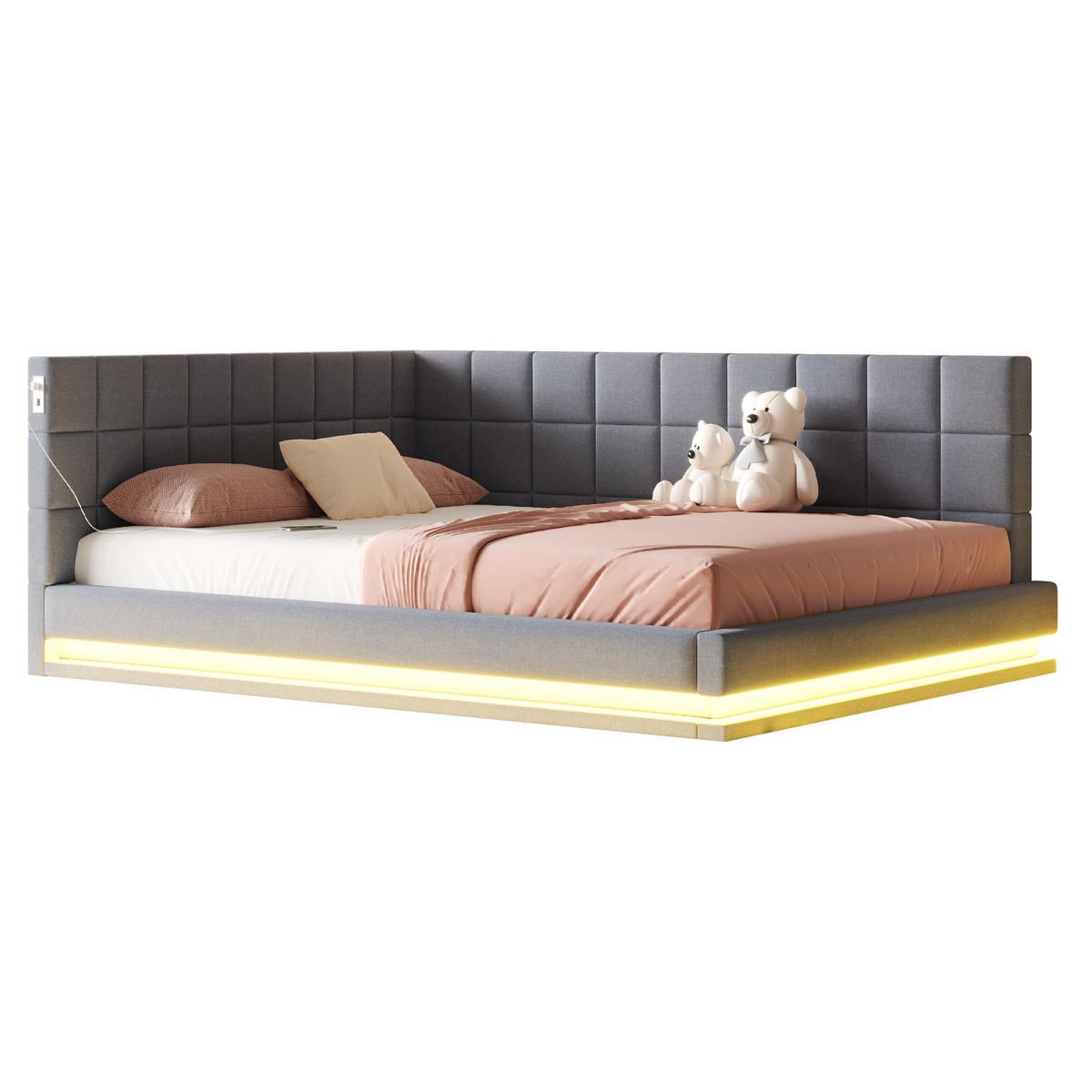 SCHLAFSOFA 160/200 cm mit LED-Beleuchtung, USB-Anschluss, Lattenrost und Leinenbezug, Grau - Grau, Textil (206/63/167cm) - Redom